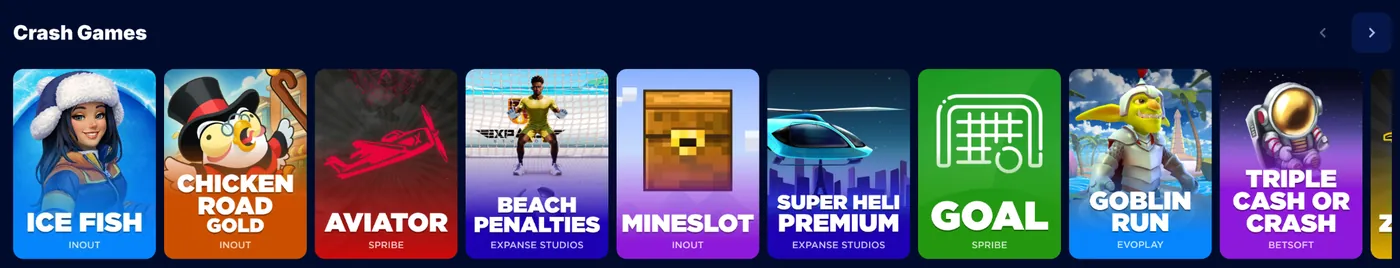 Casino lobby screenshot showing the crash games row with Aviator, Goal and Chicken Road Gold