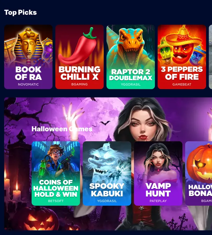 Screenshot of the casino lobby with category shelves and rows of slot tiles